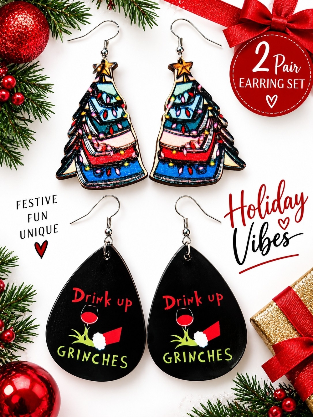 2 Pair Christmas Earrings Bundle – Drink Up Grinches & Christmas Tree NWT